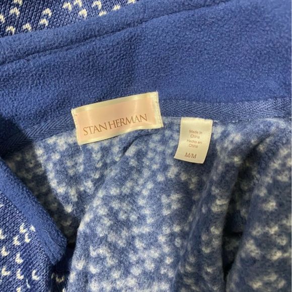 Stan Herman Size Medium Jacket Fleece Full Zip Front Blue White Print Pockets - Picture 2 of 10